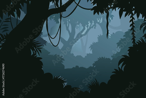 Dark jungle scenery with dense foliage and a misty obscured background