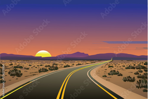 Desert highway stretches into a vibrant sunset landscape with mountains