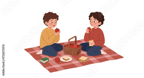  two children sitting on a blanket on the living room floor, sharing apples and sandwiches from a picnic basket, 