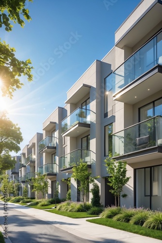 Modern Townhouse Complex with Balconies and Lush Greenery Under Sunny Sky.