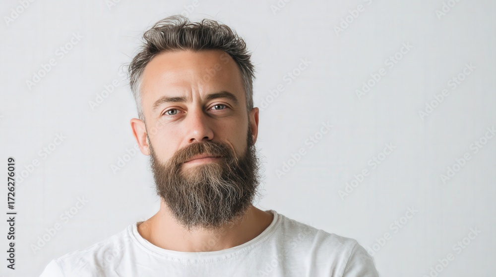 Obraz premium Confident Man with a Beard Posing Against a Light Background