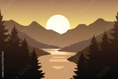 A serene landscape featuring mountains a river and a glowing sun