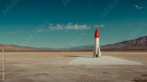 A rocket stands on a launchpad in a vast desert landscape under a blue sky.