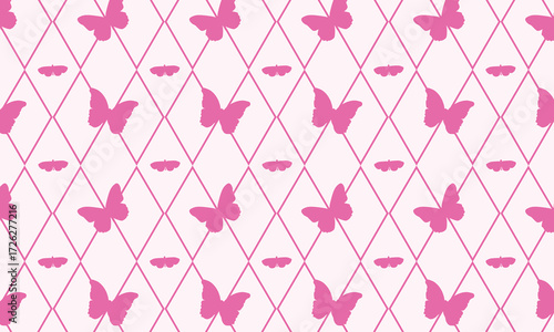 This pattern features an elegant pink butterfly silhouette combined with a repeating diamond motif background.The simple yet striking silhouette gives a feminine and sweet impression, while the diamon