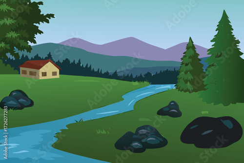 A charming little house nestled within a peaceful landscape illustration
