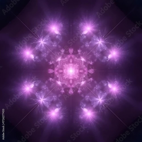 A mesmerizing glowing fractal kaleidoscope in shades of pink and purple with radiant light beams and symmetrical shapes, creating a seamless looped abstract background animation