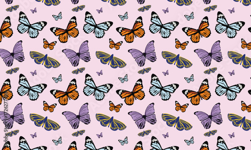 This pattern features butterflies of various shapes and sizes, decorated with bright colors such as orange, blue, purple, and yellow. Variations in wings and motifs. This design gives a cheerful