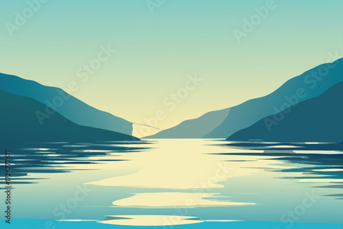 A serene landscape featuring a sunlit fjord and towering mountain sides