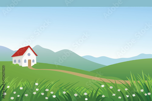 A quaint white house with a red roof sits in a peaceful landscape