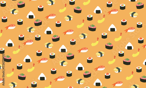 This cheerful and tempting sushi pattern features various illustrations of colorful nigiri and maki rolls. This playful design is suitable for food packaging, wrapping paper, and other products.