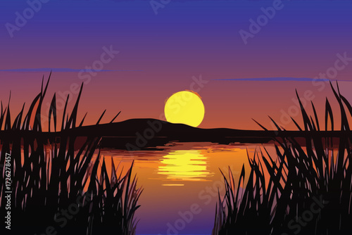 Tranquil sunset landscape with silhouetted reeds and a golden sun reflection