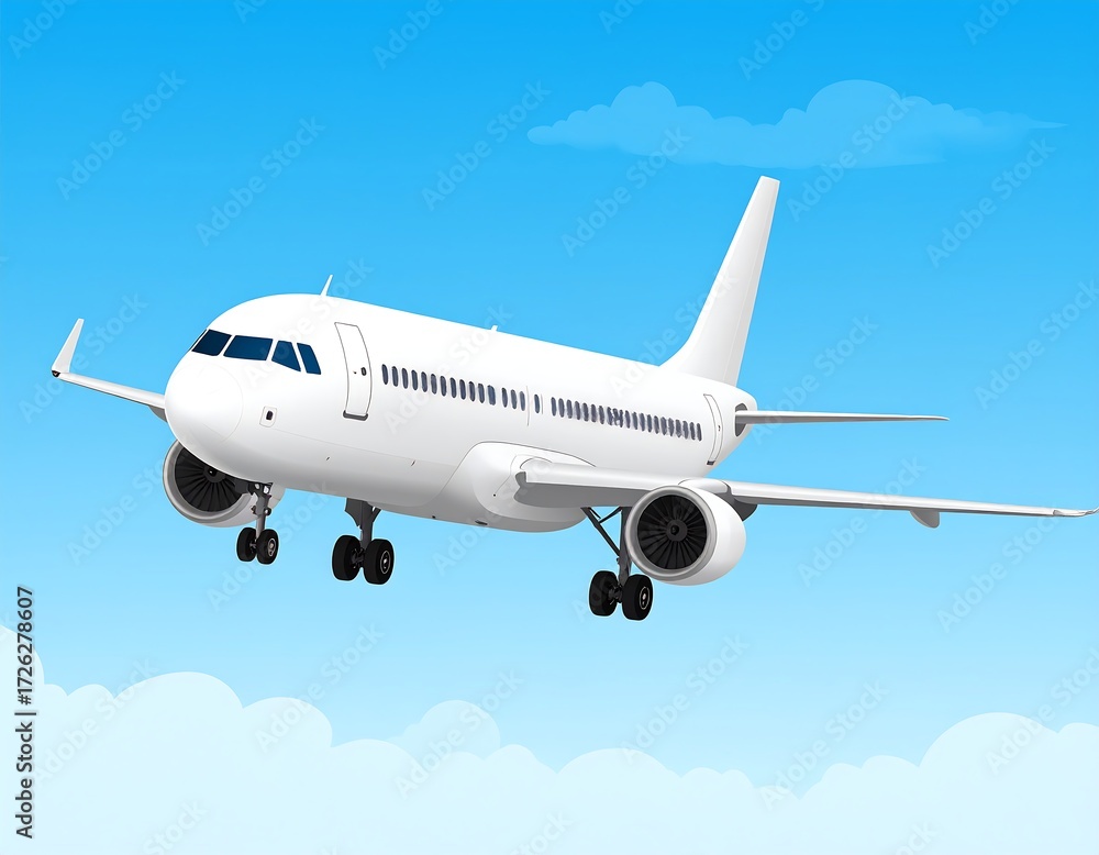 Obraz premium White passenger jet descending through blue sky above fluffy clouds