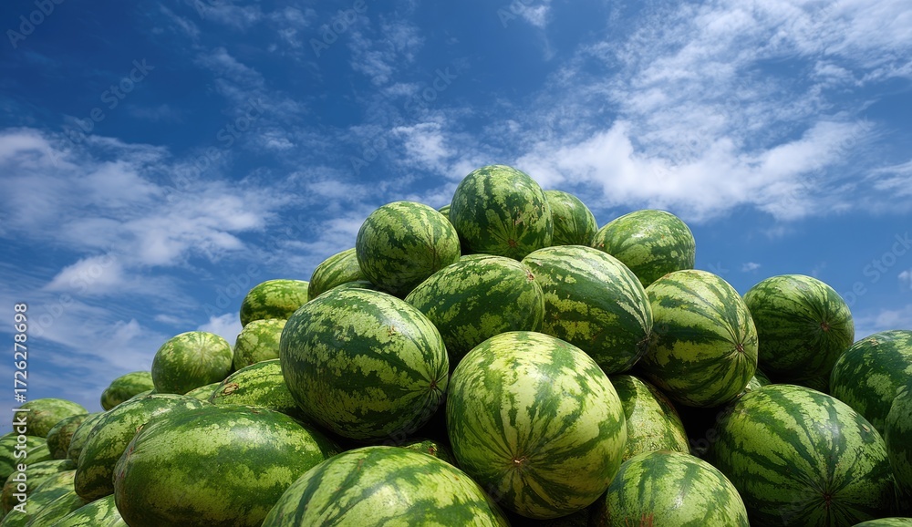 Fototapeta premium A large pile of ripe green watermelons sits against a bright blue sky with fluffy white clouds