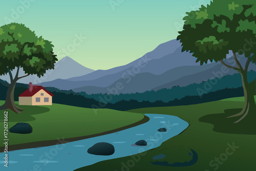 Scenic landscape showcasing a small house river trees and distant mountains