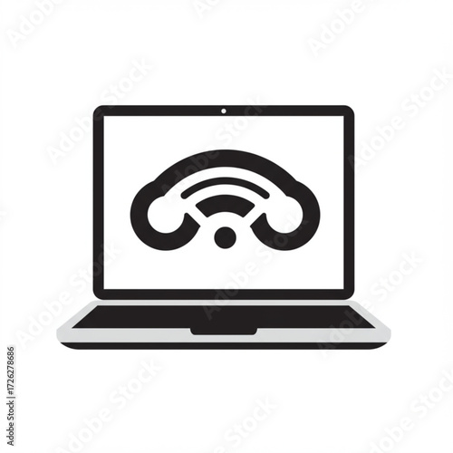 Laptop with Audio Connection Icon Vector – Technology, Digital Communication, Online Network

