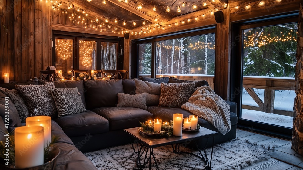 Fototapeta premium A cozy cabin interior featuring a dark sofa, warm lighting, and candles.