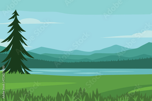 A serene landscape with a lake mountains and a tall evergreen tree