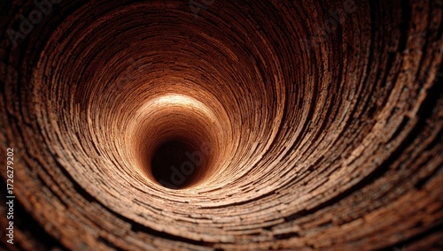 A deep, cylindrical well constructed of aged, reddish-brown bricks, spiraling inwards towards a dark, lightless center