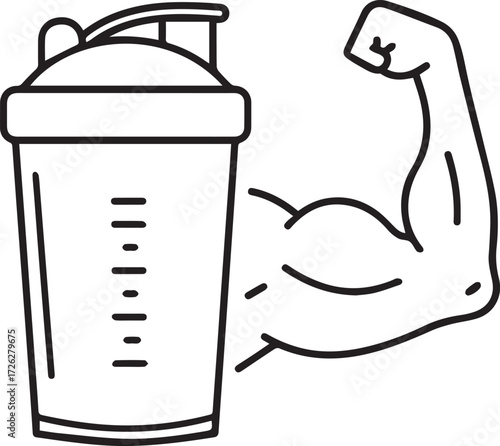 Fueling fitness gains with protein shake and powerful bicep, envisioning healthy lifestyle choices for workout success, power, and nutrition.
