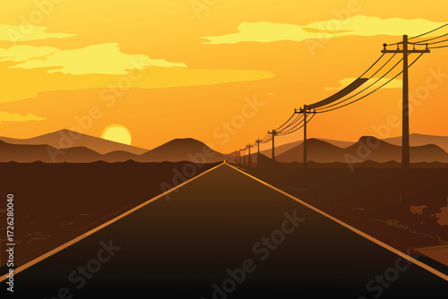 Golden hour landscape with a long road and distant mountains