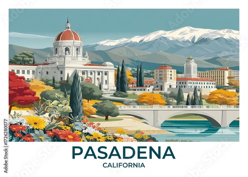 Pasadena, California Flat Retro Poster illustration, Landscape Travel Wall Art, Vintage High quality prints