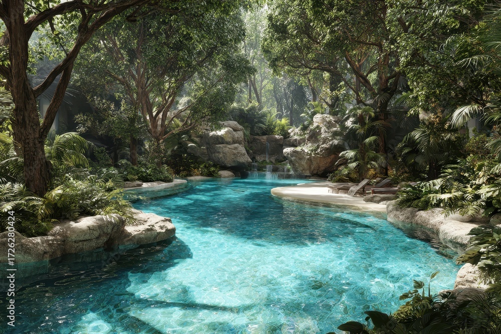 Naklejka premium Lush Tropical Pool Oasis, Serene Relaxation, Luxurious Retreat.