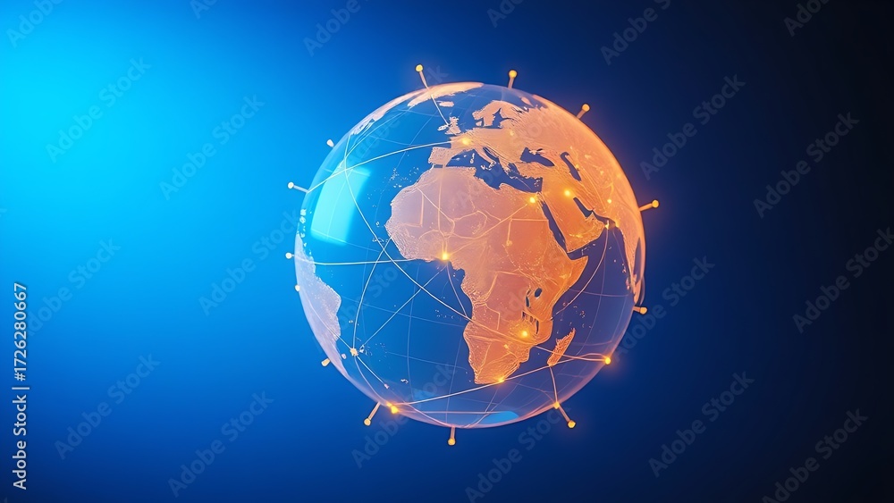 Fototapeta premium Golden interconnected lines forming an abstract globe against a gradient blue sky, symbolizing global business concepts.