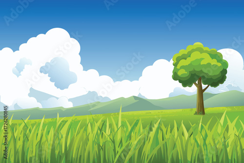 A vibrant landscape featuring green fields a lone tree and blue skies
