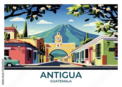 Antigua Guatemala, Guatemala Flat Retro Poster illustration, Landscape Travel Wall Art, Vintage High quality prints