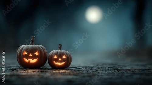 Two glowing jack-o'-lanterns sit on a path at night under a full moon.