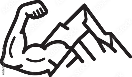 Strong mountain peak with muscular arm flexing, symbolizing strength and resilience, an outdoors adventure icon for branding and logo design