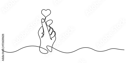 Mini heart hand gesture one line drawing. Minimalist romantic love symbol, I love you or mini sign. continuous line art of heart in hand for print. Isolated Vector illustration. Editable stroke