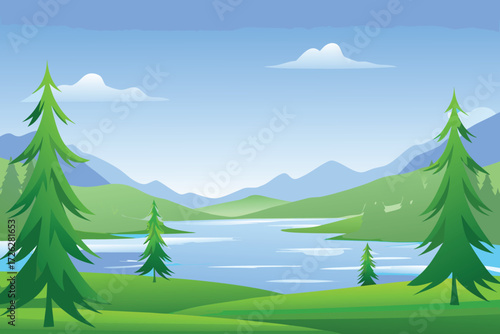 Scenic landscape with green trees a calm lake and distant mountains