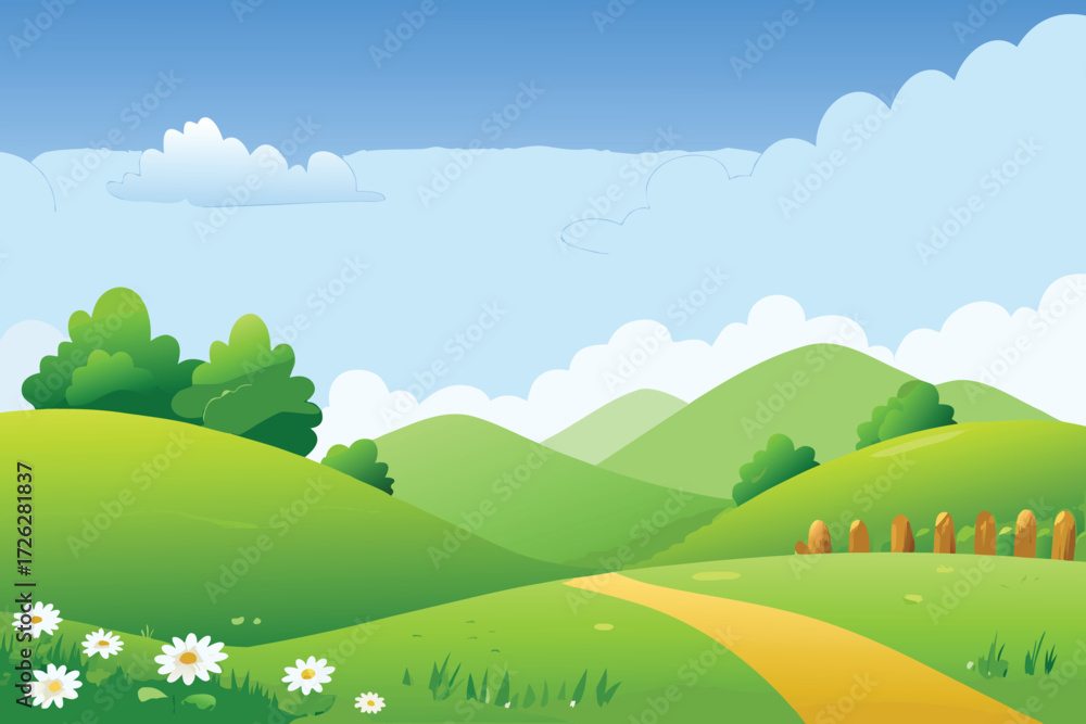 Fototapeta premium A serene landscape illustration featuring green hills path and blue sky