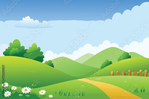 A serene landscape illustration featuring green hills path and blue sky
