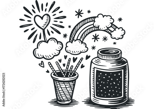 Hand Drawn Doodle of Art Supplies with Rainbow and Heart. Vector hand drawn illustration