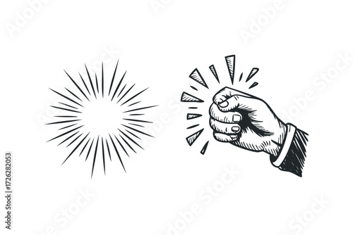Fist knocking on door with radiating lines. Vector hand drawn illustration