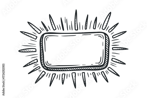 Roughly Drawn Sunburst with Rectangle Blank Space. Vector hand drawn illustration