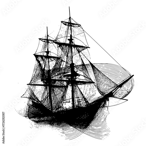 Vintage sailing ship vector illustration classic tall ship drawing black and white antique vessel maritime art