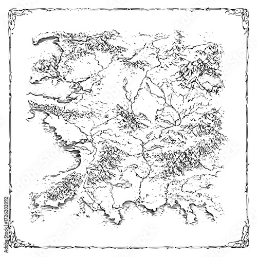 Fantasy world map illustration for rpg game design, black and white drawing of a fictional realm landscape
