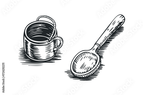 Wooden Spoon and Pot Sketch. Vector hand drawn illustration