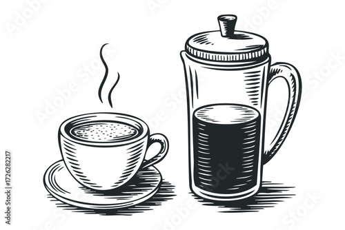 Hot coffee in cup and French press with steam. Vector hand drawn illustration