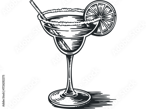Cocktail with lime wedge and salt rim. Vector hand drawn illustration