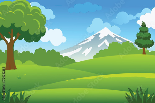 A vibrant landscape with lush green hills trees and a snowy mountain