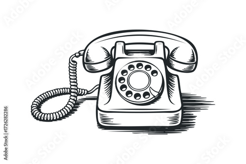 Vintage Rotary Dial Telephone. Vector hand drawn illustration