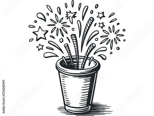 Exploding Sparklers in Cup. Vector hand drawn illustration