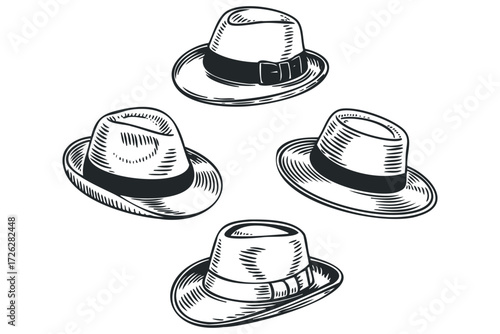 Four Fedora Hats in Engraved Style. Vector hand drawn illustration