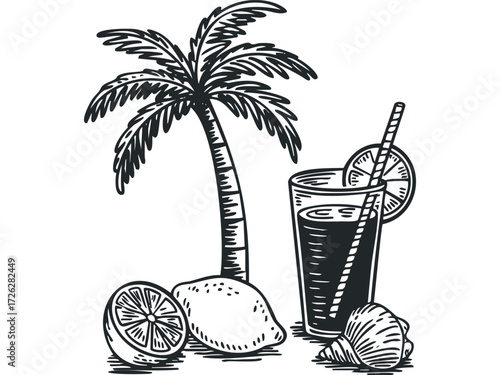Palm tree with lemons and tropical drink on a sandy surface. Vector hand drawn illustration