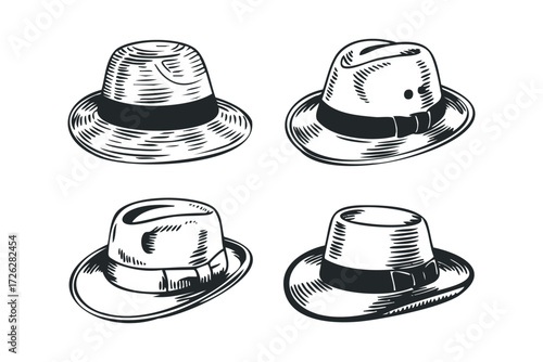 Four Vintage Fedora Hats Collection. Vector hand drawn illustration