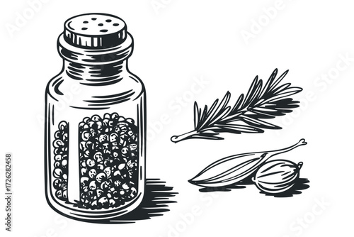 Glass pepper shaker with peppercorns and herb sprig. Vector hand drawn illustration